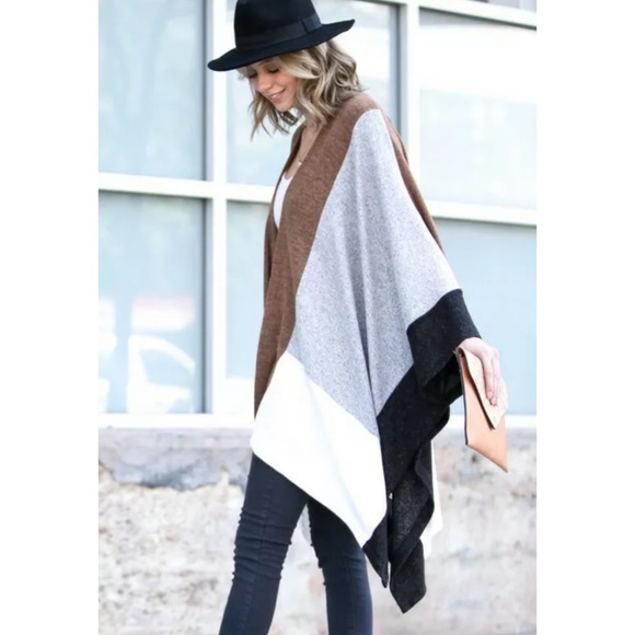 Gray Camel Color Block Dolman Poncho Cardigan - Picture 2 of 6